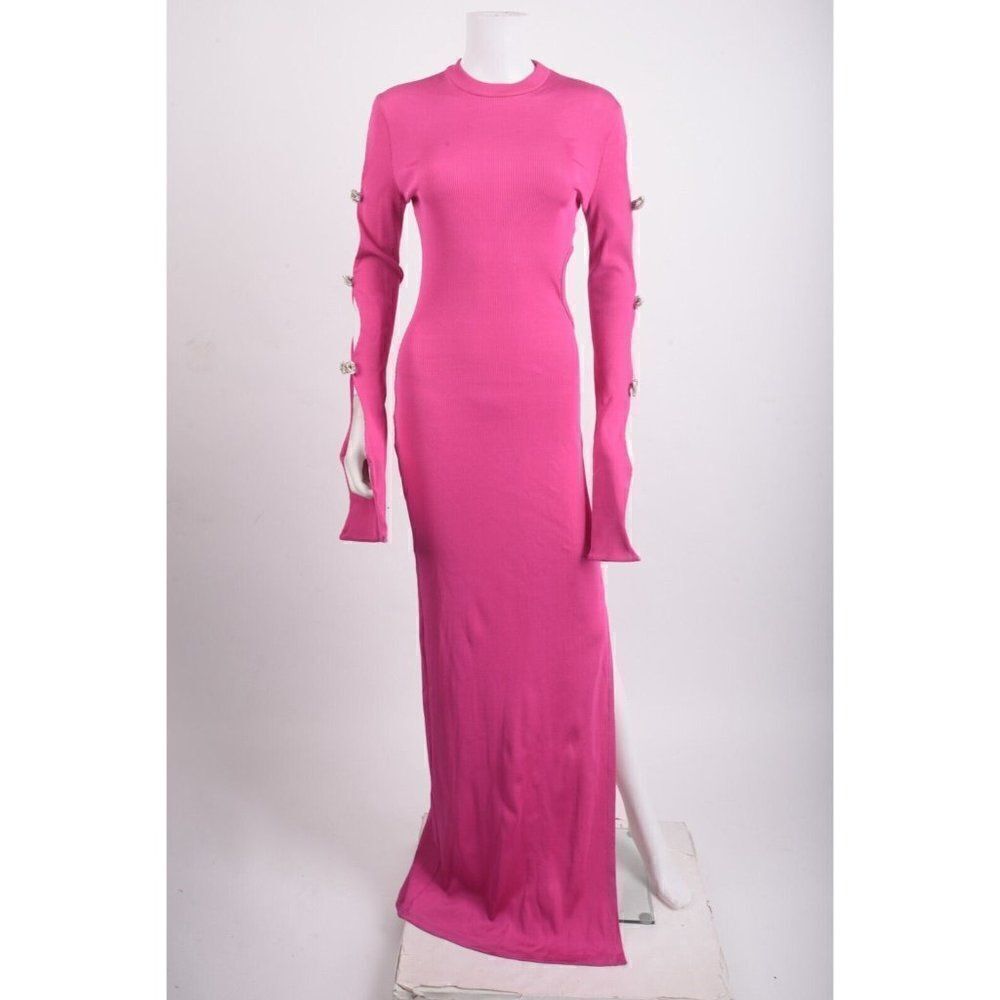 Mach & Mach Cut Out Maxi Dress Crystal Bows US 8 EU 40 Pink Long sleeved NWD